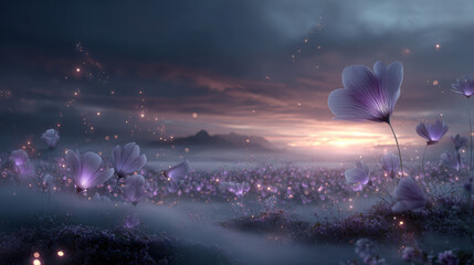 Naklejka premium Surreal glowing flower field with luminous petals, surrounded by mist and dreamy sunset. enchanting atmosphere evokes sense of wonder and tranquility