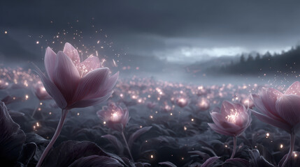 Naklejka premium Surreal glowing flower field with floating luminous petals creates magical atmosphere. enchanting scene features soft pink flowers amidst misty landscape, evoking wonder and tranquility