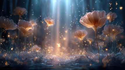 Naklejka premium Surreal glowing flower field with floating luminous flowers, shimmering lights, and magical atmosphere creates dreamlike scene. enchanting beauty captivates viewer imagination