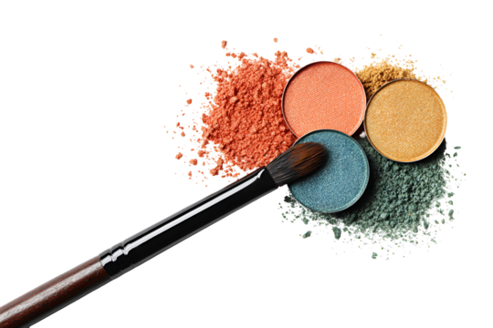 Makeup brush collecting colorful eyeshadow powder on a black background