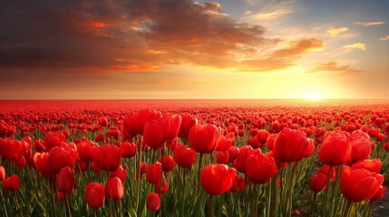 Red Tulip Field at Sunset with Dramatic Sky and Vibrant Colors