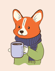 Line sketch of a corgi dog wearing a scarf, holding a coffee mug, ideal for logo or branding. Cute, playful animal illustration perfect for cozy, friendly, and approachable designs