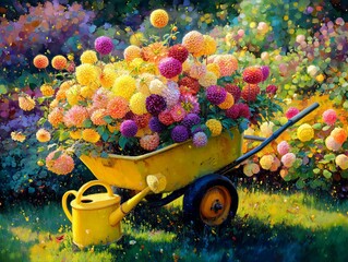 Colorful dahlias in a wheelbarrow with watering can in summer garden