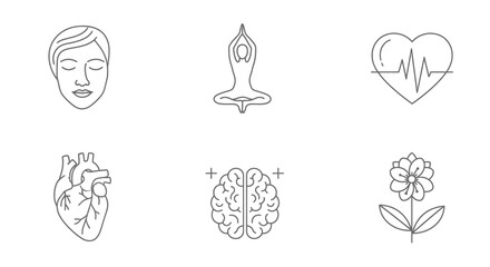 Set of wellness icons line art vector illustration representing mental health yoga and physical well-being isolated on white background