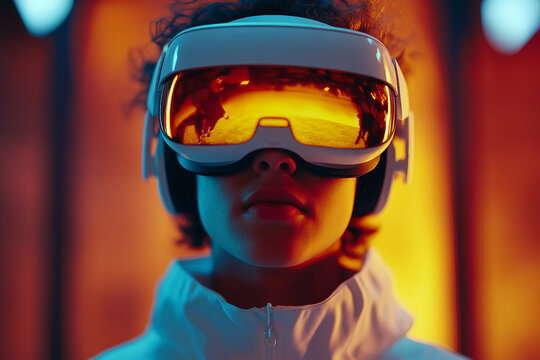 Focused person using high-tech vr headset in neon futuristic space, digital scanning interface, generative AI