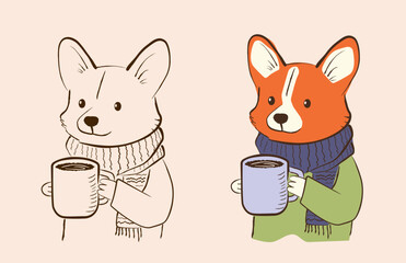 Line sketch of a corgi dog wearing a scarf, holding a coffee mug, ideal for logo or branding. Cute, playful animal illustration perfect for cozy, friendly, and approachable designs