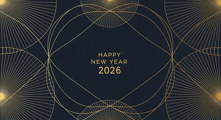 Happy New Year 2026 gold geometric art deco pattern dark background image