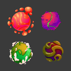 A vibrant collection of cartoon fantasy alien planets and cosmic worlds for a space game interface