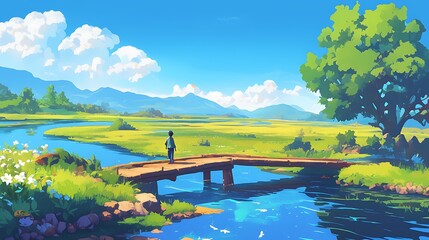 illustration of a river landscape painting with a wooden bridge and a man walking