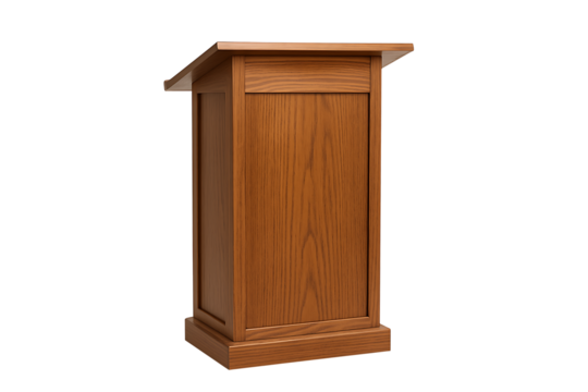 Elegant wooden podium or lectern with a classic oak finish, isolated on a white background for public speaking or presentation concepts
