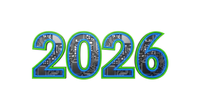The year 2026 in a futuristic, high-tech style. Features a circuit board texture with glowing neon outlines. Perfect for technology or New Year's concepts. Isolated.