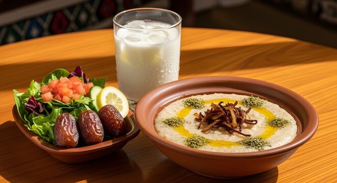Traditional Jareesh Meal with Laban, Dates, and Salad &ndash; Authentic Saudi Cuisine