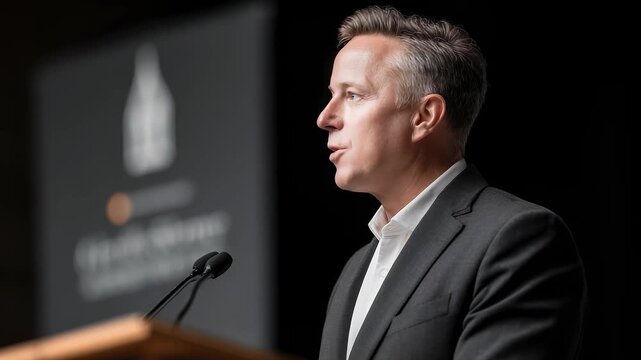 Political figure delivering an important speech at a formal event