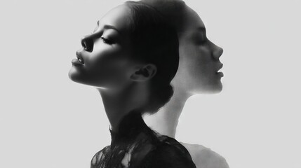 Monochrome portrait of a woman with layered exposure and artistic style