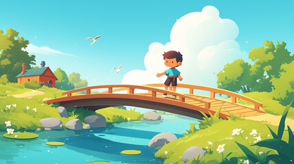 illustration of a landscape painting showing a peaceful rural atmosphere and a beautiful wooden bridge