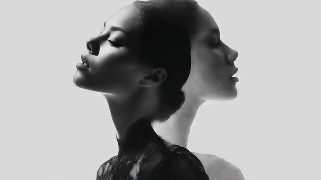 Monochrome portrait of a woman with layered exposure and artistic style - Powered by Adobe