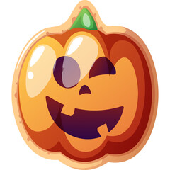 Halloween Pumpkin Cookie With A Smiling Face And Green Stem On Transparent Background