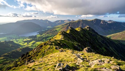 Sunny mountain ridge with a lake and valley vista under clouds