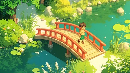 illustration of a landscape painting showing a peaceful rural atmosphere and a beautiful wooden bridge