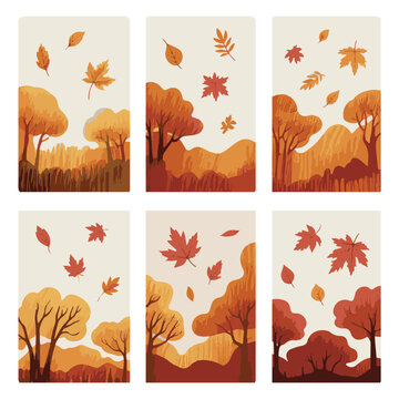 Watercolor Autumn Tree and Leaf Backgrounds Set / Fall Nature Vertical Cards