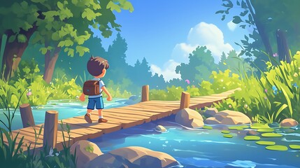 illustration of a landscape painting showing a peaceful rural atmosphere and a beautiful wooden bridge