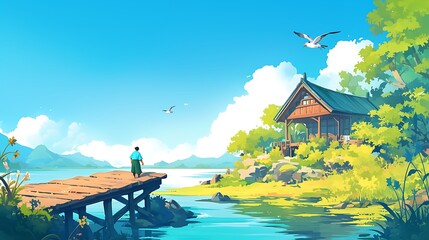 illustration of a landscape painting showing a peaceful rural atmosphere and a beautiful wooden bridge