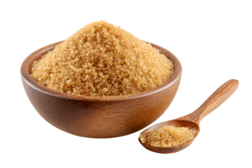A wooden bowl overflowing with natural brown sugar and a wooden spoon beside it