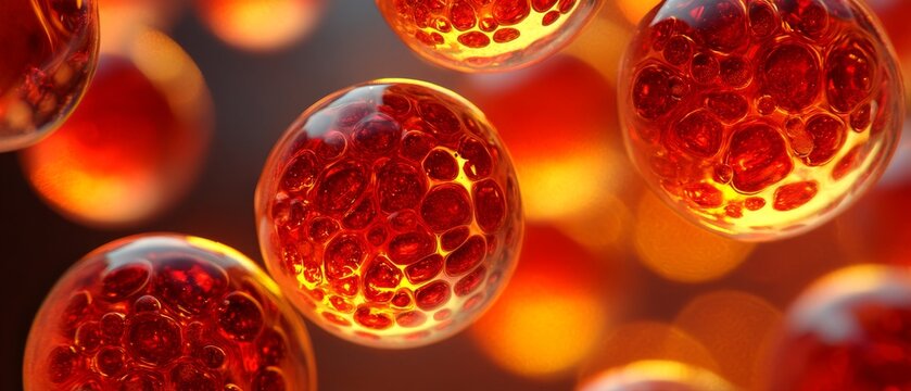 Abstract red spheres with internal structures close up on blurred backdrop