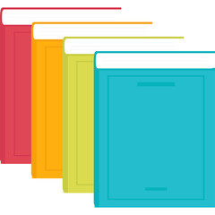 Collection of colorful hardback books neatly arranged with white pages and spines in a row against a clean transparent background representing knowledge and education