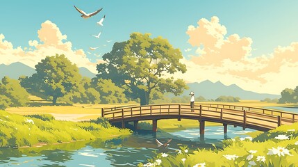 illustration of a landscape painting showing a peaceful rural atmosphere and a beautiful wooden bridge