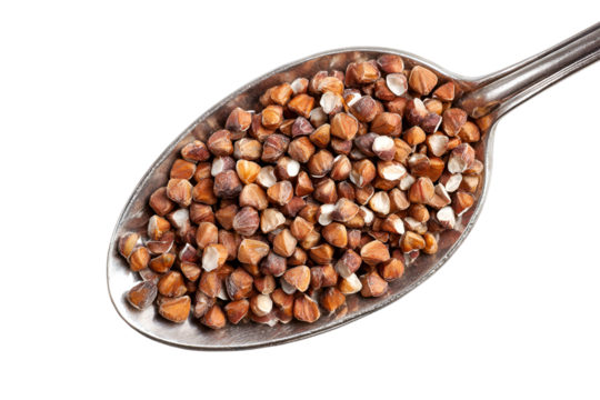 Close up of a metal spoon filled with raw buckwheat groats on a dark background