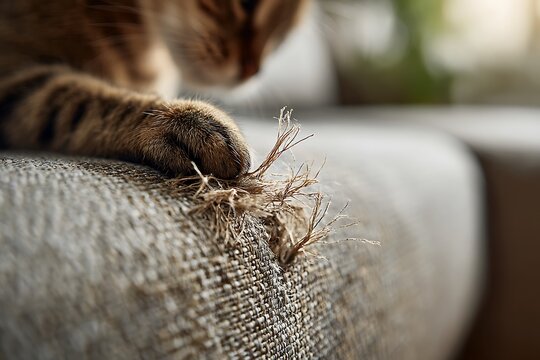 Macro shot of cat paw scratching sofa corner, showing frayed threads and pet wear in warm daylight