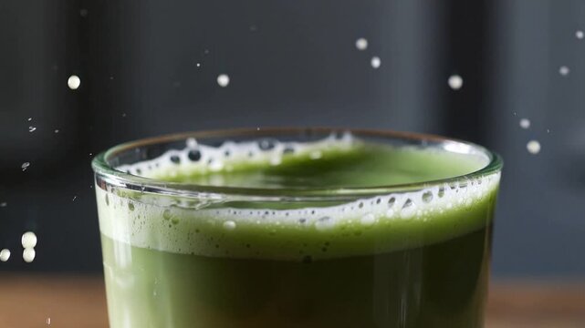 Macro shot capturing an ice cube collapsing into matcha cold brew latte, splash crown frozen mid-air, creating dynamic green liquid motion and creamy foam texture under soft daylight.