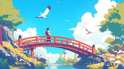 illustration of a landscape painting showing a peaceful rural atmosphere and a beautiful wooden bridge