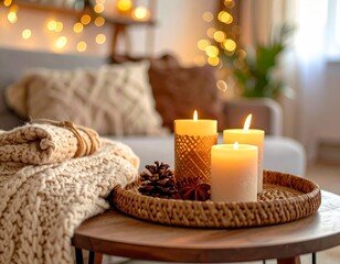 cozy; warm; ambient; candles; glowing; soft; knitted; blanket; cream; textured; pinecones; autumn; winter; hygge; inviting; relaxing; peaceful; homey; rustic; wooden; tray; round; table; woven; decor;