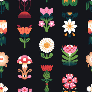 Repeatable pattern of strange and whimsical flowers and mushrooms. Endless background of floral print with wildflowers, bloom plants with geometric shapes of leaves. Flat seamless vector illustration
