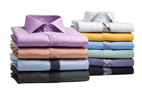 Neatly folded stack of colorful men s dress shirts against a black background