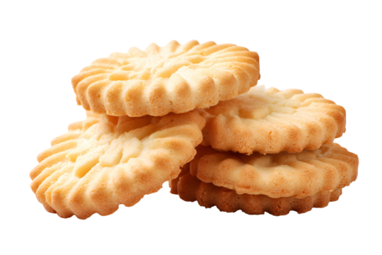 Pile of golden brown round cookies with fluted edges on a dark background