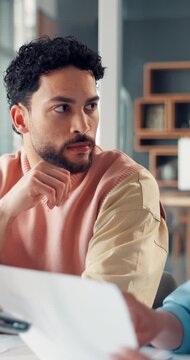 Advice, meeting and planning with business man in office for project review, seo branding and discussion. Trend analysis, proposal feedback and marketing campaign with employees in agency for chat