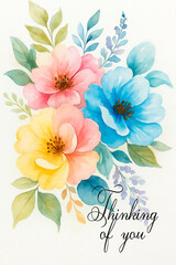 Thinking of you - card. Watercolor floral background bouquet of flowers.