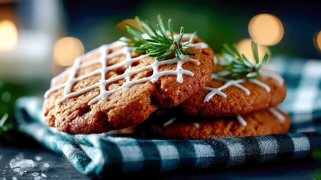 Stack of homemade gingerbread cookies with white icing and pine sprig, creating a festive holiday atmosphere