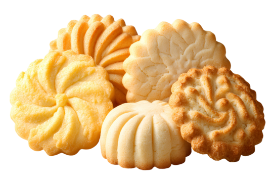 Assortment of delicate butter cookies with intricate patterns on a dark background