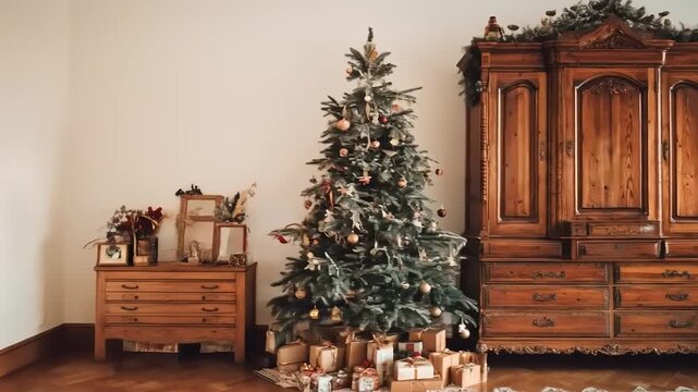 A beautifully decorated Christmas tree stands beside an antique wooden armoire and a cream-colored sofa in a classic room.