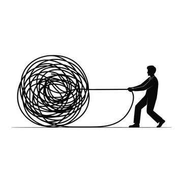 Man pulling a tangled ball of string silhouette isolated on white background