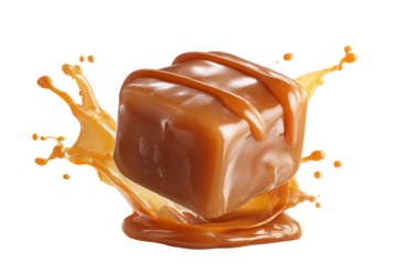 Delicious caramel candy cube with splashing caramel sauce on a black background