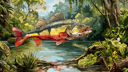 Illustration of a landscape painting of freshwater fish against a rocky water background with plants and driftwood.