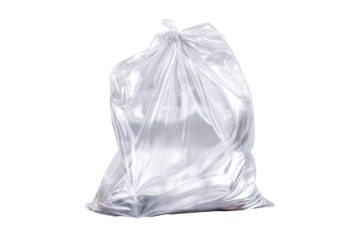 Full transparent plastic garbage bag tied at the top against a black background