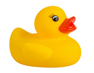 Gelbe Gummiente isoliert auf wei&szlig;em Hintergrund &ndash; Freisteller, Spielzeug, Transparent