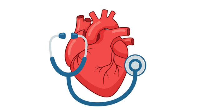 Illustration of a heart with a stethoscope wrapped around it, symbolizing cardiac health and medical care.