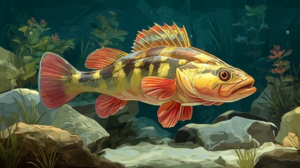 Illustration of a landscape painting of freshwater fish against a rocky water background with plants and driftwood.